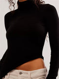 Women Long Sleeve T-Shirts Solid Color High Neck Backless Spring Fall Casual Slim Fit Tees Shirts Top Streetwear 2023-Outfit