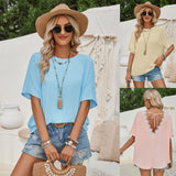 Fongt Summer New Women's Hot Selling Loose Round Collar Solid Color Back Lace Short-Sleeved Top Women-Outfit