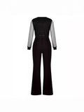 Women's Elegant Fashion Solid Color V-Neck Mesh Splicing High-Waist Pocket