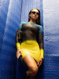 Color Blocking Mesh See Through Slim Mini Dress Women Long Sleeve Casual Party Vestidos 2023 Spring Fall Lolita Y2K