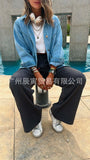 The Ins Ladies Autumn Winter Coat Washed Denim Cotton Loose Retro Water Blue Lapel Double Bag Jacket-Outfit