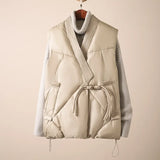 2024 Autumn Winter New Literature And Art Retro Plate Buckle Short Padded Jacket Vest Female Loose Thin Cross V Collar Vest-Outfit