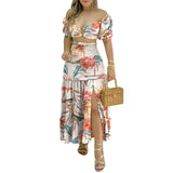 Fongt 2024 New Women's One-Line Shoulder Print Split Skirt Two-Piece Set