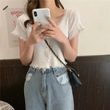 Women Patched Lace O-Neck Knitted Short Sleeve Thin Sweaters Cardigans Lady Single-breasted Buttons Sweater Crop Tops Female-Outfit