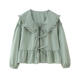 New Spring Doll Tie Casual Loose Solid Color Shirt-Outfit