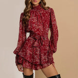 Fongt New Women's Wear Temperament Long Sleeve Broken Floral Flounces Short Autumn And Winter Dress