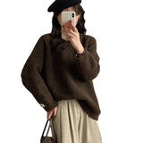 Fongt Advanced Sense Small Knit Jacket Round Collar Lazy Wind Autumn Winter Long Sleeve Soft Waxy Color Loose Set Sweater-Outfit