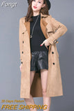 Buckskin Suede Trench Coats Women Spring Autumn Long Coat S-6XL Windbreaker Female Double-Breasted Trench