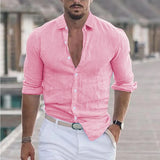 Fongt New Men's Summer Cotton-Blind Beach Shirt Long Sleeves Solid Hawaiian Holiday
