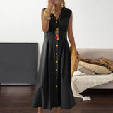 New Long Cotton Linen Buttons Downs Shirt Dress Simple Loose Turn-down Neck Temperament Sleeveless Dress Women Dress-Outfit