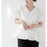 Style Patchwork Ruffles Beads Shirts & Blouses 2024 Woman Blusas Short Sleeve Camisas V-neck Ropa Mujer Summer Tops-Outfit