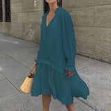 Ruffle Midi Dress Women's Summer Sundress ZANZEA Casual Puff Sleeve Patchwoek Vestidos Female V Neck