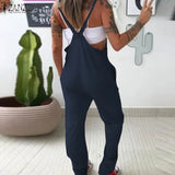 Solid Pockets Overalls Cotton Soft Sleeveless Casual Jumpsuits ZANZEA Women Bib Cargo Pants Lace Up