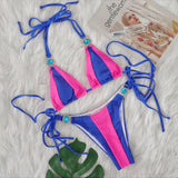 Fongt Sexy New Crystal Diamond Bikini Solid Color Patchwork Belt Swimsuit Vacation Split Women's