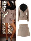 Fur Collar Coat And Mini Skirt Set-Outfit