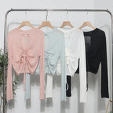 Han Shied Bare Back Drawstring Blouse Woman Summer Small Casual Wear Thin Hoodie Short-Sleeved T-Shirt