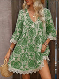 Fongt Fashion New WISH / Print V-Neck Lace Seven-Sleeve Dress