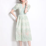 Fongt French Gentle Heavy Industry Embroidery V Zero Bubble Sleeve Dress Women's New Single Buckle Shed Skinny Dress
