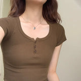Short-Sleeved T-Shirt Women's Half-Open Collar Button Design High Waist Short Style Navel New Summer