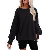 Fongt Women's Clothing 2025 Autumn And Winter New Women's Large Round-Neck Sweatshirt Side Open Fork Long-Sleeved Sweater