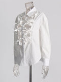 Spring 2025 New Fashion Casual Collar Hollow Flowers Splicing Hollow High-End Sense Single Row Buckle Long-Sleeved Shirt