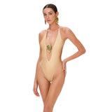 2025 New Solid-Color Swimsuit Women Feel Deep V-Loand Back Half Dress