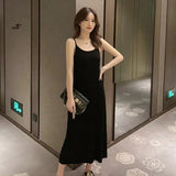 Early Spring New Square Collar Knitted Sling Dress Women's Solid Color Pit Striped Thin Vest Bottom Skirt In Medium Length-Outfit