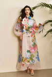 Fongt Court-Print Bubble-Sleeved Dress Women's Autumn Strap-In Belt Design Super Fairy Long Dress Dress