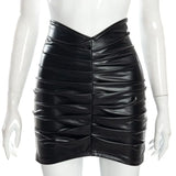 Fongt Color Pleated PU Wrap Hip Skirt Women's Short Skirt-Outfit