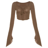Fongt 2023 New Women's Solid Color Irregular Sleeve Drawn Pleated Rope Fish Bone Waist Exposed Umbilical T-Shirt-Outfit