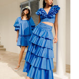 Fongt Holiday Wind Autumn 2024 New V Collar Fly Sleeve Flounce Stitching Cake Skirt Solid Color Suit-Outfit