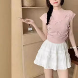 Wind Pink Bow Short-Sleeved Sweater Summer Design Wrinkled Slim Small Flying Sleeve Chic Blouse-Outfit