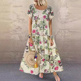 Fongt Explosion Women's Vintage Flower Printed Short Sleeve Round Dress