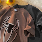 Street Big Black Spider Printing Solid T Shirts Dark Gray Cotton Mens Oversized Tops Summer Short Sleeve Graphic Tee Casual-Outfit