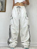 Jeans White Pant Low Rise Cargo Pants Women Jogging Lace Up Wide Leg Pant Side Stripe Streetwear Loose Denim