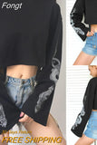 Women Long Sleeve Floral Printed O Neck Jumper Evening Party Club Wear Crop Top Printing Pullover