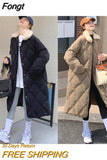 Collar Oversize Rhombus Pattern Long Parkas Pocket Female Warm Long Cotton Overcoat Single