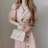 Korean Chic Elegant Double Breasted Suit Bubble Sleeve Dress Lace Closed Waist Long Skirt Female Summer-Outfit