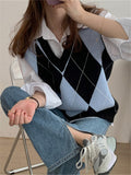 2022 New Sleeveless Oversized Knitted Checkered Vintage Lady Autunm Winter Women Sweater Pullover Vest Tops