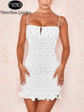 White Floral Shirred Mini Dress Summer 2020 Women Ruffles Dress Sexy Spaghetti Straps Pleated Ruched Bodycon