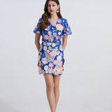 Fongt Dress Women Summer French Retro V-Neck Lantern Sleeve Embroidered Mesh Yarn Waist Bubble Sleeve Dress