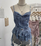 Real Shoot Spice Girl Swing Network Yarn Print Sling Vest Retivating Lotus Leaf Side Ribbon Short Top