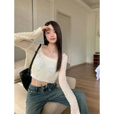New Sexy Hot Girl Design Hollowed-Out Short Knitted Sweater Crocheted Long-Sleeved Blouse-Outfit