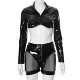 Fongt Women's PU Mirror Leather Sexy Zipper Short Top Hollow Bag Hip Short