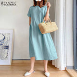 Elegant Solid Vestido ZANZEA Fashion Short Sleeve Robe Casual Daily Cotton A Line Dresses 2021 Summer Midi