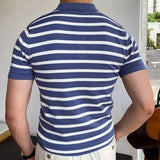 Fongt Men's Summer New Overturned Knits Blue Striped Business Polo Shirts Men's
