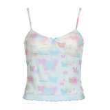 And Spicy Girls Feel Children's Fun Butterfly Printed Vest Dopamine Bow Spliced Chest-Shaped Mesh Blouse-Outfit