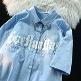 Gothic Towel Embroidery Y2K Chain Shirt Mens Oversized Short Sleeve Casual Blouse Hip Hop Brand Button Up Shirts Solid-Outfit