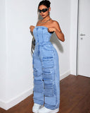 Fongt Women's Denim Cloth Jumpsuit Women's Fashion Babes Breasts Multi-Pocket Work Pants