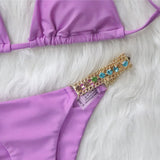 Fongt New Sexy Metal Accessories Rhinestone Solid Color Bikini Female Split Swimsuit Strap